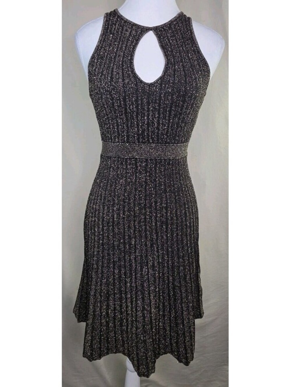 Motivi Metallic Knit Dress S Black Gold Thread Keyhole NWT